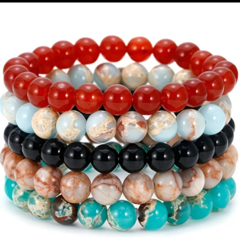 New BOHO Pink Zebra Pebble Stretchy Bracelet Stack of 5